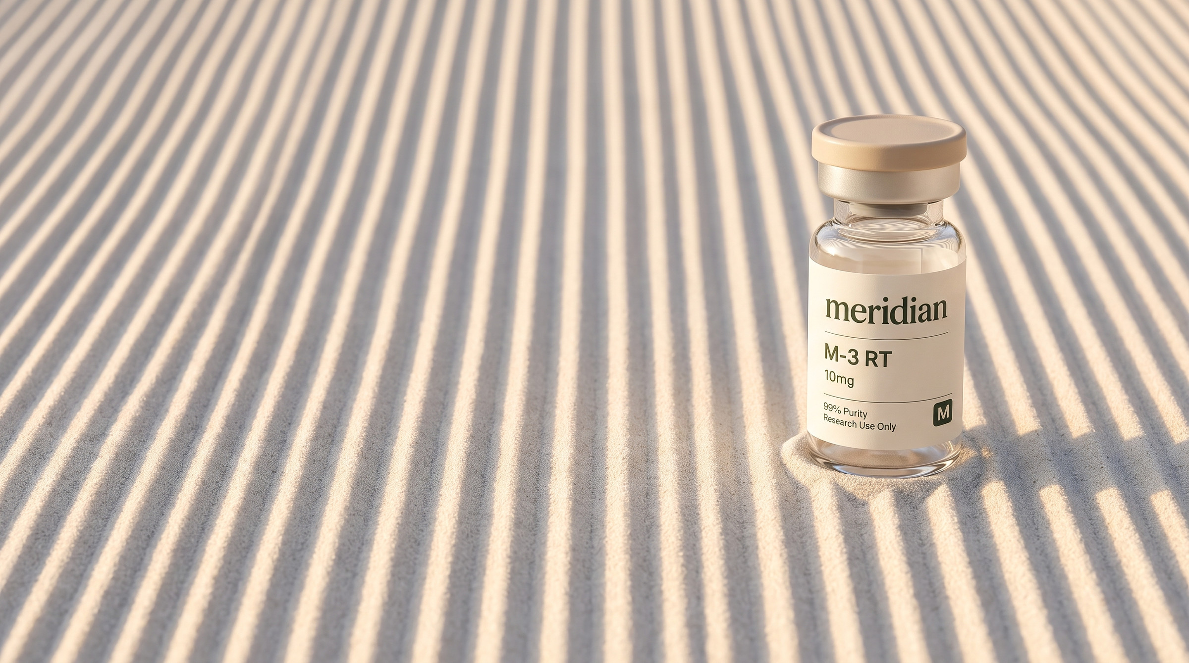 A meridian vial standing on raked sand in warm light
